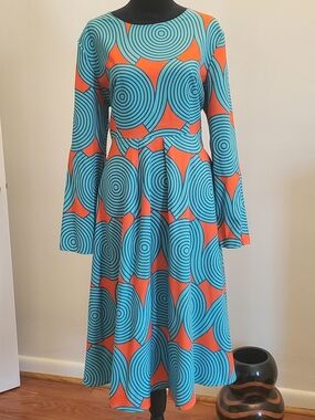 Women's Teal and Orange Printed Fit-and-Flare Dress